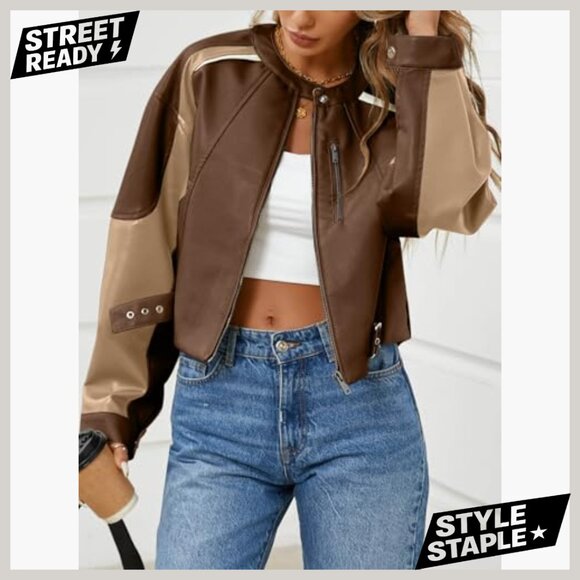 Faux Leather Cropped Bomber Jacket Zipper Moto Biker Coat Fall Casual - Picture 3 of 7